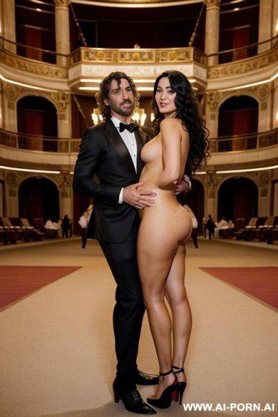 Inside a beautiful opera with carpets, a lot of spectators. completely naked beautiful pregnant woman with italian beauty, in red high heels, black curls, breasts, hands and a man with long hair in an elegant suit holds a woman by the ass - ai-porn.ai - Italy on pornsimulated.com