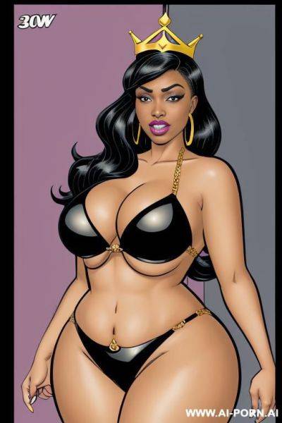 (((cartoon comics art))), ((high fantasy)), ((black woman)), queen, bbw, with crown, wearing leather bikini - ai-porn.ai on pornsimulated.com