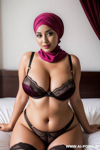 Busty curvy woman with headscarf wearing garter and crotchless thong lay down on the bed - ai-porn.ai on pornsimulated.com