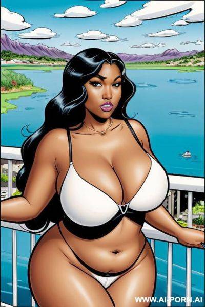 (((cartoon comics art))), ((high fantasy)), black woman, bbw, cleavage, on balcony overlooking a lake - ai-porn.ai on pornsimulated.com