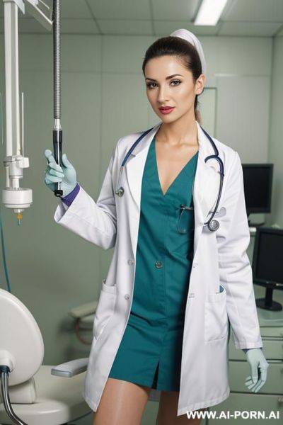 Naked blonde woman doctor dressed white medical coat and blue medical gloves lying in the dentist armchair with opened legs became half naked woman nurse dressed in green uniform with white medical gloves and holding medical instrument - ai-porn.ai on pornsimulated.com