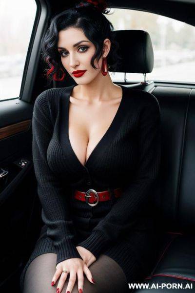 Turkish woman with big loop lip piercings short curly hair in a ponytail, wearing a black with red sweater and navy pants with a black belt, who’s into cars - ai-porn.ai - Turkey on pornsimulated.com