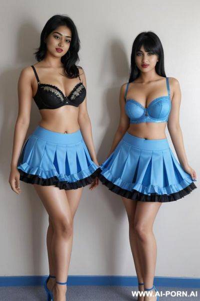 Indians, 20 years, black hair, short messy hair, thick body, thick ass, blue bra, blue frilly skirt, navel piercing, kissing, blue heels, thick legs, tall - ai-porn.ai - India on pornsimulated.com