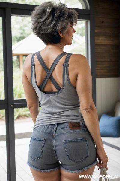 Back view, 0 year old grandma, full body, standing, short gray hair, lady, very visible signs of age, triangle hips, thick thighs, wearing blue jean shorts, white tank top, hands on waist - ai-porn.ai on pornsimulated.com