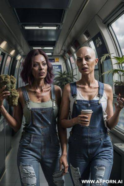 The image depicts two female zombie characters in the foreground, wearing denim overalls and tank tops, with ripped jeans, holding a potted cannabis plant in their hands. in the background, there is a dense forest of cannabis plants with a cloudy sky. - ai-porn.ai on pornsimulated.com