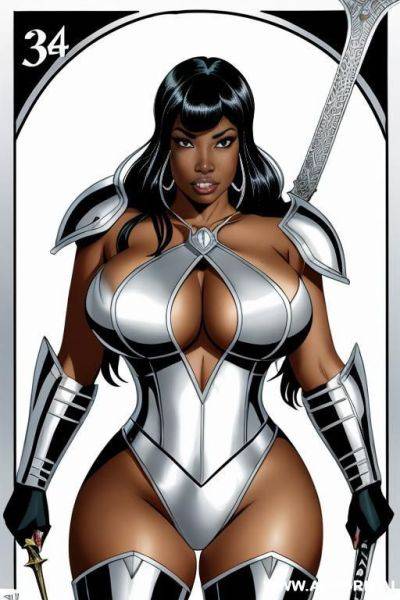 (((cartoon comics art))), ((high fantasy)), ((black woman)), bbw, wearing white metal armor, resting on sword - ai-porn.ai on pornsimulated.com