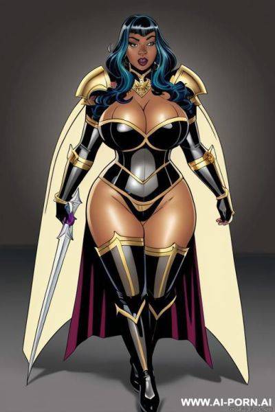 (((cartoon comics art))), ((high fantasy)), black woman, bbw, wearing golden armor - ai-porn.ai on pornsimulated.com