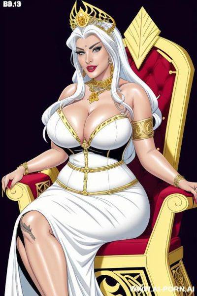 (((cartoon comics art))), ((high fantasy)), bbw queen, regal look, white hair, flowing dress with cleavage, sitting on golden throne - ai-porn.ai on pornsimulated.com