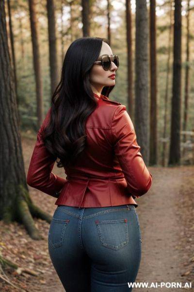 Elegant italian red coat sunglasses shirt jeans underbrush - ai-porn.ai - Italy on pornsimulated.com