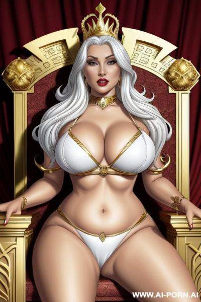 (((cartoon comics art))), ((high fantasy)), bbw queen, regal look, white hair, golden metal bikini, sitting on royal throne - ai-porn.ai on pornsimulated.com