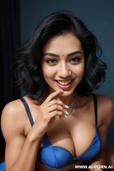 Indians, 20 years, black hair, short wavy hair, navel piercing, muscular arms flexing, curvy body, smile, looking at camera, heels, tall, blue noodle bra, blue skirt, full body - ai-porn.ai - India on pornsimulated.com