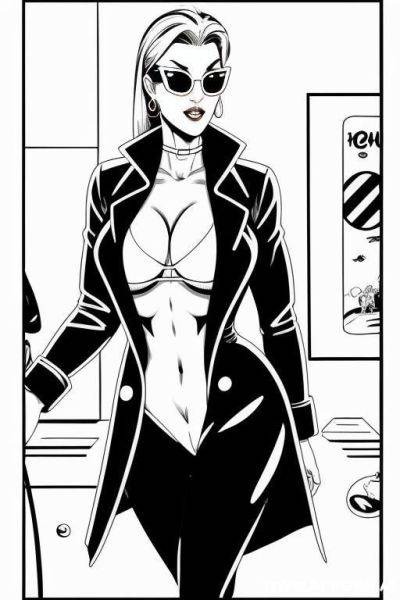 (((black and white cartoon comics))), woman in trenchcoat and sunglasses - ai-porn.ai on pornsimulated.com