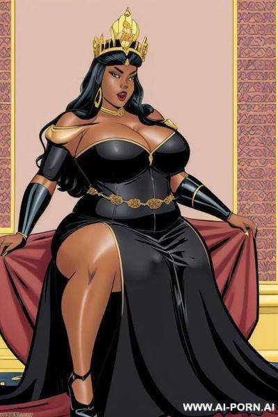 (((cartoon comics art))), ((high fantasy)), ((black bbw)), queen, with crown, long flowing dress, palace background, sitting on throne - ai-porn.ai on pornsimulated.com