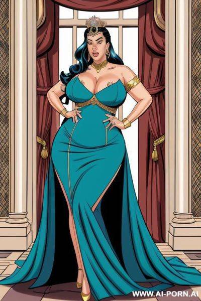 (((cartoon comics art))), ((high fantasy)), bbw queen, long flowing dress, palace background - ai-porn.ai on pornsimulated.com