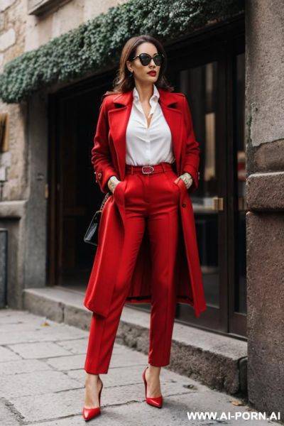 Elegant italian red coat sunglasses shirt pants forest - ai-porn.ai - Italy on pornsimulated.com