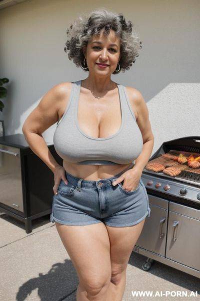 0 year old grandmother, full body, standing, short gray hair, lady, very visible signs of age, triangle hips, thick thighs, wearing blue jean shorts, white tank top, hands on waist - ai-porn.ai on pornsimulated.com