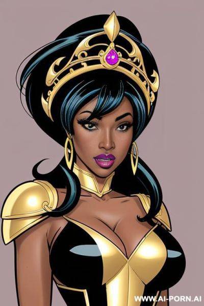 (((cartoon comics art))), ((high fantasy)), ((black woman)), queen, with crown, wearing golden armor - ai-porn.ai on pornsimulated.com