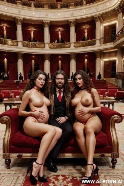 Lots of people inside a beautiful opera with carpets, lots of spectators. a man in an armchair with long hair tied in an elegant suit, completely naked beautiful graceful three women in a - ai-porn.ai - Italy on pornsimulated.com