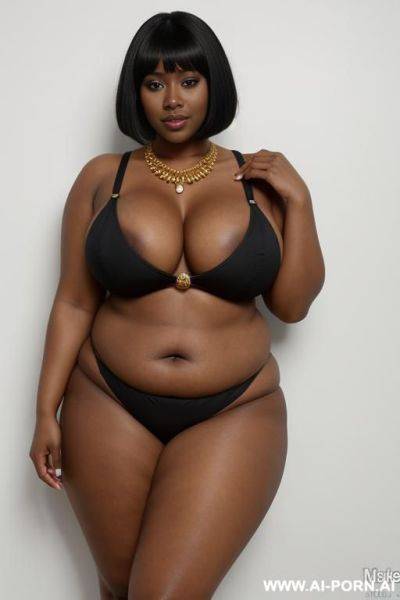 Saggy boobs, black woman, saggy tits, chubby body, saggy tits, very very black skin. black hair, saggy tits, big hips, big ass. saggy tits wearing gold necklace . naked - ai-porn.ai on pornsimulated.com