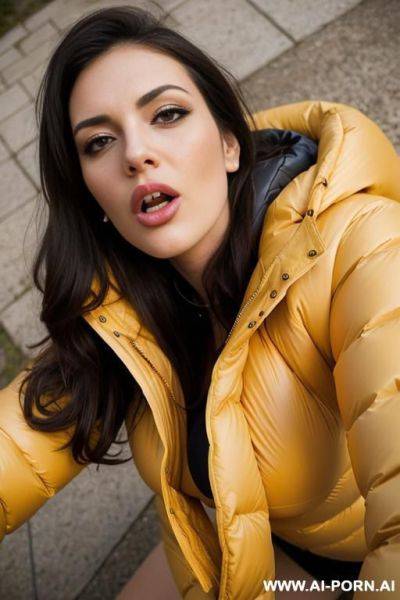 Brunette with gigantic boobs on all fours crawling over the viewer looking down on viewer, wearing gigantic oversized puffer jacket, camera looking straight up, getting fucked in pussy - ai-porn.ai on pornsimulated.com