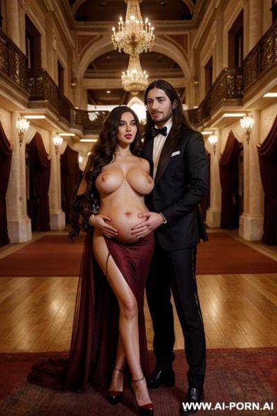 Inside a beautiful opera with carpets, a lot of spectators. completely naked beautiful pregnant woman with italian beauty, in red high heels, black curls, breasts, hands and a man with long hair in an elegant suit feels embracing the woman by the crotch - ai-porn.ai - Italy on pornsimulated.com