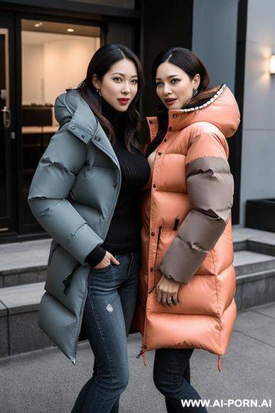 Suburb moms pressing boobs against each other, looking a camera, wearing gigantic oversized puffer jackets - ai-porn.ai on pornsimulated.com