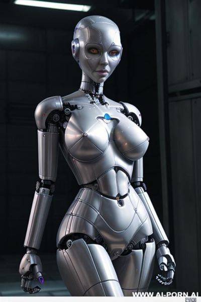 (((scared robot woman totally naked))), ((looking at the camera)), ((eyes contact)), full body view, ((massive hips)), huge curves, huge cleavage, legs open, (pussy visible), ((no panties)) - ai-porn.ai on pornsimulated.com