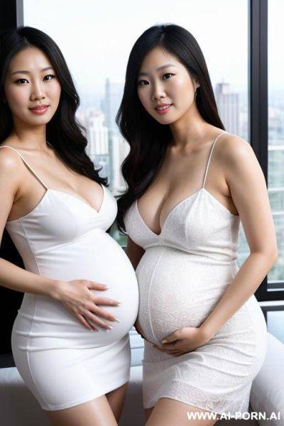 Two asian women, pregnant, ((detailed faces)), wearing white dresses, in a penthouse, - ai-porn.ai on pornsimulated.com