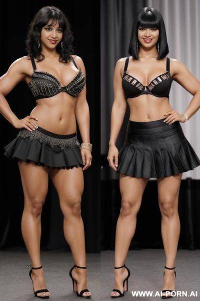 Indians, 0 years, black hair, short wavy hair, bangs, muscular arms flexing, curvy body, navel piercing, black bra, black frilly skirt, smile, looking at camera, heels, tall, full body view - ai-porn.ai - India on pornsimulated.com