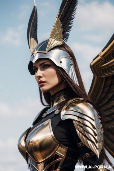 Winged hussar armor, ultra realistic woman, majestic woman, beautiful woman, frontal view, face frontal view, beautiful face, detailed face, full body view - ai-porn.ai on pornsimulated.com