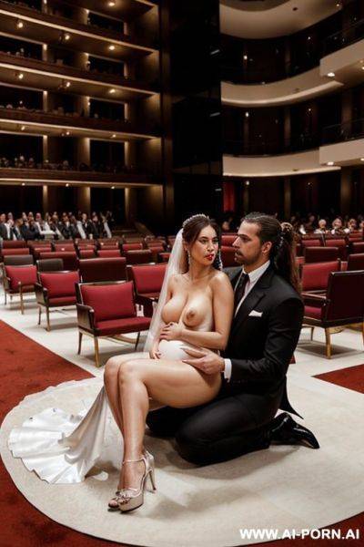 A lot of people inside a beautiful opera with carpets, a lot of spectators. a man with long hair in a bun, an elegant black suit with a tie, with a whip in his hand, sits comfortably - ai-porn.ai - Italy on pornsimulated.com