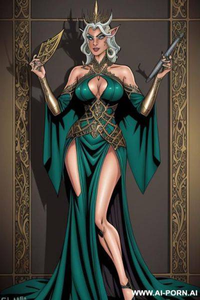 (((cartoon comics art))), ((high fantasy)), regal elven queen, long flowing dress - ai-porn.ai on pornsimulated.com