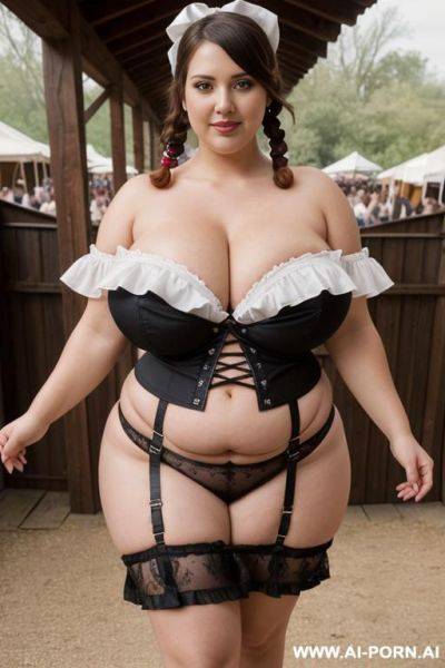 (bbw bimbos with massive oversized boobs), two women in super short extra slutty pirate micro skirt and strapless off the shoulder tube top exposing bare boobs while walking in crowded renn faire, (full body front view) - ai-porn.ai on pornsimulated.com