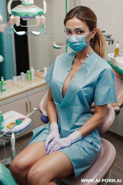 Naked blonde woman doctor dressed white medical coat and blue medical gloves lying in the dentist armchair with opened legs became half naked woman nurse dressed in green uniform with white medical gloves and holding medical instrument - ai-porn.ai on pornsimulated.com