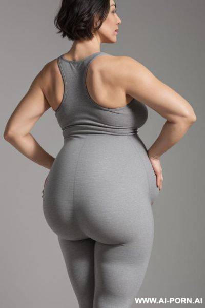 Back view, 0 year old grandmother, full body, standing, short gray hair, very visible age marks, large natural breasts, triangle hips, thick thighs, wearing gray leggings and a short tank top, hands on her waist - ai-porn.ai on pornsimulated.com