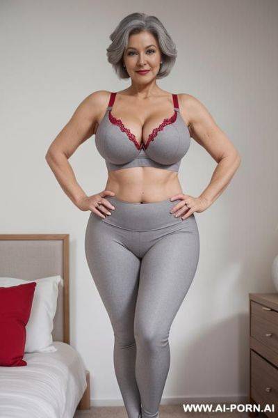 0 year old white grandmother, short gray hair, lady, full body, standing, age features clearly visible, gray hair, triangular hips, thick thighs, big butt, wearing red leggings and bra, hands on hips, double bedroom - ai-porn.ai on pornsimulated.com