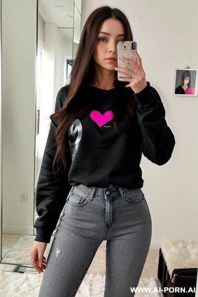 Woman long hair jeans black sweatshirt with heart selfie photo in the mirror - ai-porn.ai on pornsimulated.com