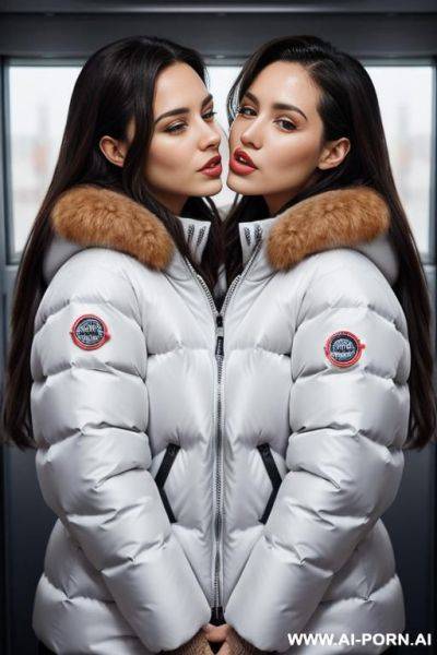 Two brunettes wearing gigantic oversized puffer jackets, hugging each other, orgasm, view from above, kissing each other - ai-porn.ai on pornsimulated.com