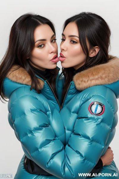 Two brunettes wearing gigantic oversized puffer jackets, hugging each other, view from above, french kiss, hugs boobs, lots of cum, covered with cum - ai-porn.ai - France on pornsimulated.com