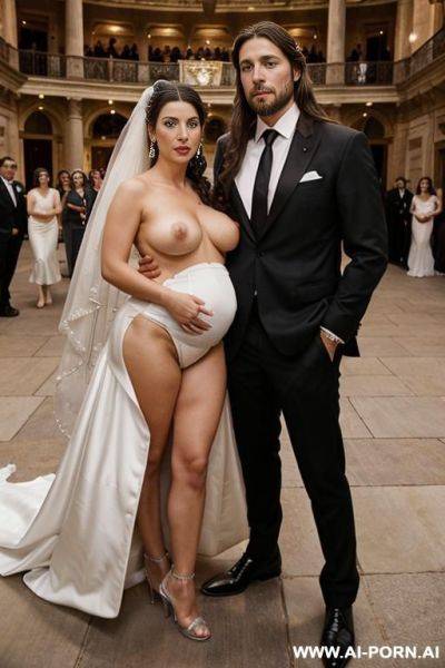 Lots of people in the background inside a beautiful opera with carpets, lots of spectators. completely naked beautiful pregnant woman with italian beauty, in a wedding veil, white high heels, - ai-porn.ai - Italy on pornsimulated.com