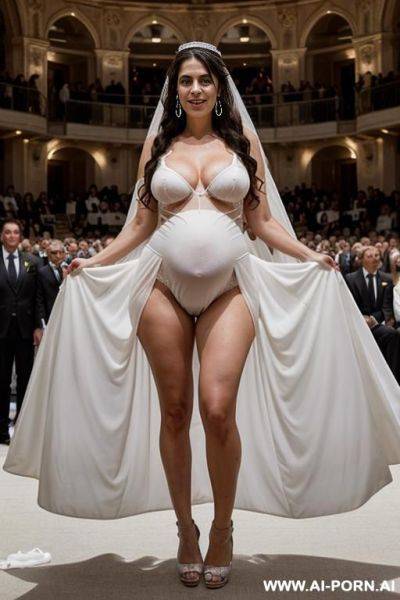 Naked beautiful pregnant woman with italian beauty, in a wedding veil, white high heels, black curls, breasts, white large collar with a ring, huge silver earrings, a lot of people in the - ai-porn.ai - Italy on pornsimulated.com