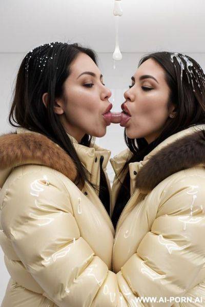 Two brunettes wearing gigantic oversized puffer jackets, hugging each other, view from above, hugs boobs, (lots of cum:1.3), ((covered with cum:1.2)), (thick cum on faces) - ai-porn.ai on pornsimulated.com