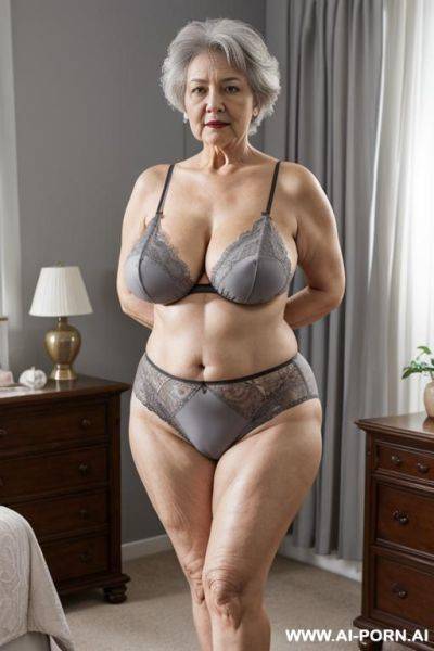 0 year old grandmother, full body, standing, elderly lady, very visible signs of age, short gray hair, triangular hips, thick thighs, gray lace panties, (topless), master bedroom - ai-porn.ai on pornsimulated.com