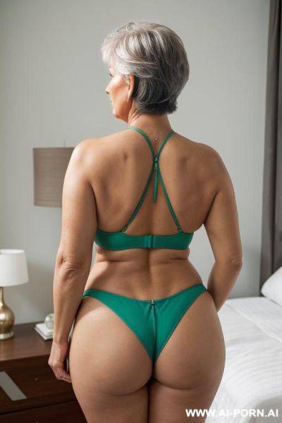 Back view, 0 year old grandmother, full body, standing, lady, very visible signs of age, short gray hair, triangular hips, thick thighs, green thong, master bedroom - ai-porn.ai on pornsimulated.com