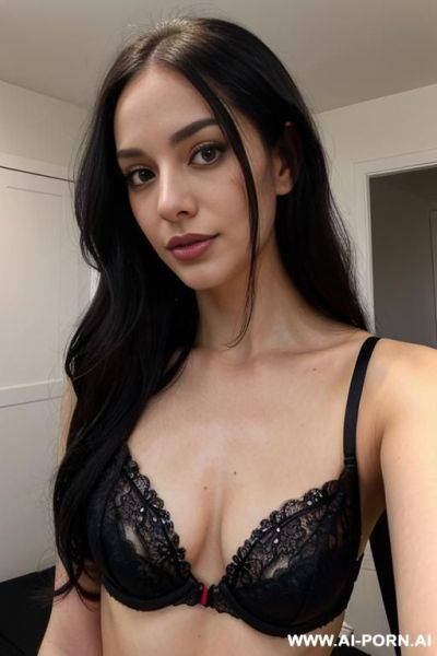 Woman long hair black lace bra selfie - ai-porn.ai on pornsimulated.com