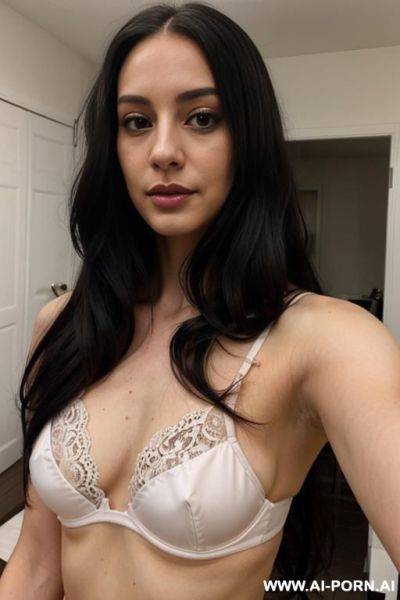 Woman long hair burdy lace bra selfie - ai-porn.ai on pornsimulated.com