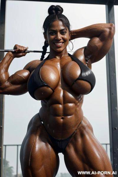 Ripped muscular indian giantess with colossal boobs fully soaked in sweat, ripped muscles, massive colossal body, hard nipples popping through hoodie, ripped abs, braids, giant abs, ripped obliques, - ai-porn.ai - India on pornsimulated.com