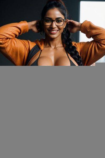 Ripped muscular indian giantess with colossal boobs wearing hoodie and pajamas fully soaked in sweat, ripped muscles, massive colossal body, muscles visible through hoodie, hard nipples popping through - ai-porn.ai - India on pornsimulated.com