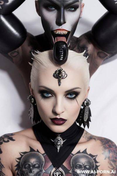 Tattooed man with a demon appear, including a large shaman skullkeppers in his mouth, sharp teeth, and multiple piercings. dark demon - ai-porn.ai on pornsimulated.com