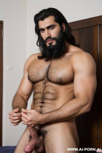 Very handsome, hairy, tajik stands at full h and has a very large penis. he holds his large balls in his hands - ai-porn.ai on pornsimulated.com